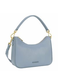 Borsa a tracolla in pelle celeste chiaro con forma curva, dettagli in metallo dorato, tracolla regolabile e chiusura superiore con zip.