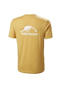 Camiseta amarilla de manga corta hecha de algodón, con un gráfico blanco de montañas y un sol, y el texto "Helly-Hansen" en la parte posterior.