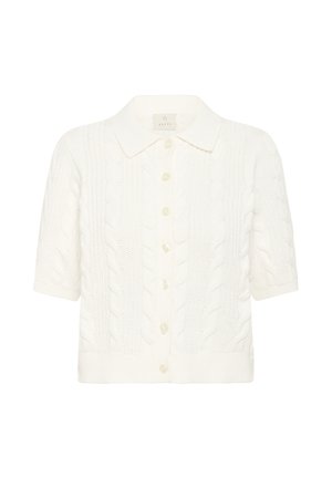 Cardigan blanc à manches courtes en tricot avec motifs en torsades, boutons en perle et col pointu.