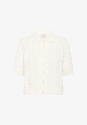 Cardigan blanc à manches courtes en tricot avec motifs en torsades, boutons en perle et col pointu.