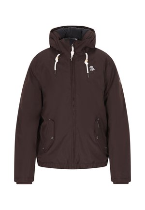 Brun isoleret jakke med hætte, udstyret med lynlås foran, to sidelommer og dekorative hardware detaljer. Foret inderside.