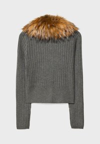 Siv svilen pulover z dolgimi rokavi in umetnim krznom v toplem rjavem odtenku. Krajšana zasnova z teksturirano površino.