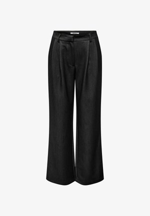 Pantaloni negri cu picioare largi din denim, cu o textură fină, având pliu frontal și un design clasic al taliei.