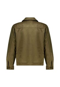 Veste vert olive, en matériau suédé doux. Avec un col pointu, des manches longues et des poignets ajustables. Design du dos simple et sans ornement.