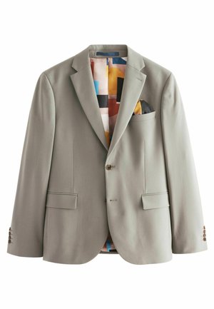 Blazer gri deschis cu rever tăiat, două buzunare frontale și o captuseală interioară cu un model vibrant. Are nasturi maro la manșete și la închidere.