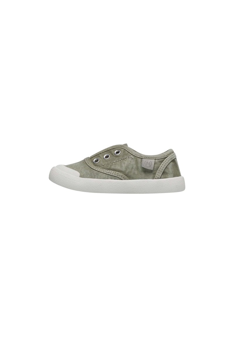 Olive green slip-on canvas shoe with white rubber sole and three eyelets, shown in side profile on a white background.