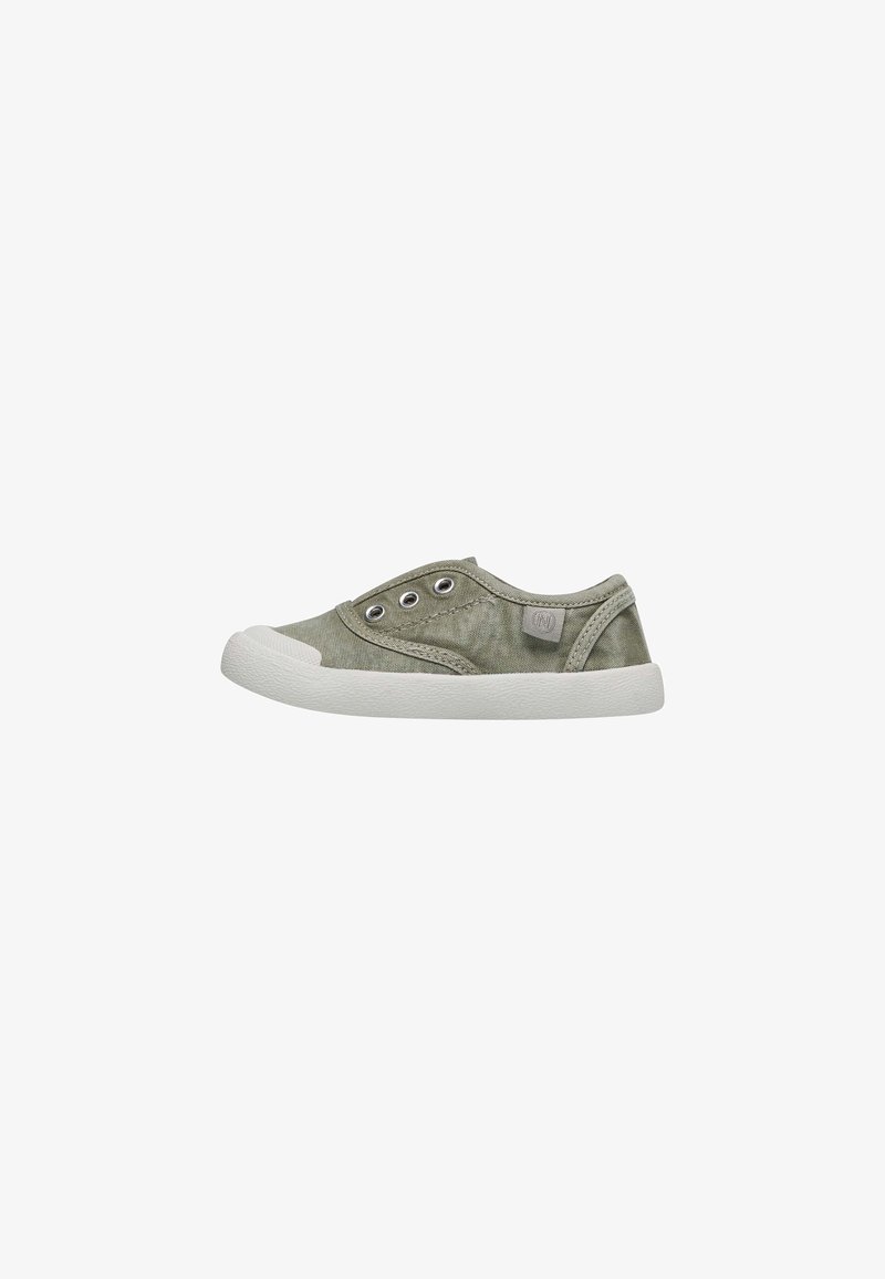 Olive green slip-on canvas shoe with white rubber sole and three eyelets, shown in side profile on a white background.
