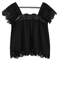 Blusa nera con maniche corte in pizzo arricciato e orlo in pizzo. Realizzata in tessuto morbido, presenta una vestibilità ampia e un collo quadrato.