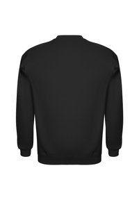 Felpa nera con collo rotondo, maniche lunghe, polsini e orlo a coste, texture liscia e senza elementi di design o loghi visibili.