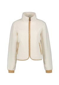 Giacca in pile di colore crema con colletto alto, zip frontale e accenti beige a contrasto. Presenta tasche laterali e polsini a costine.
