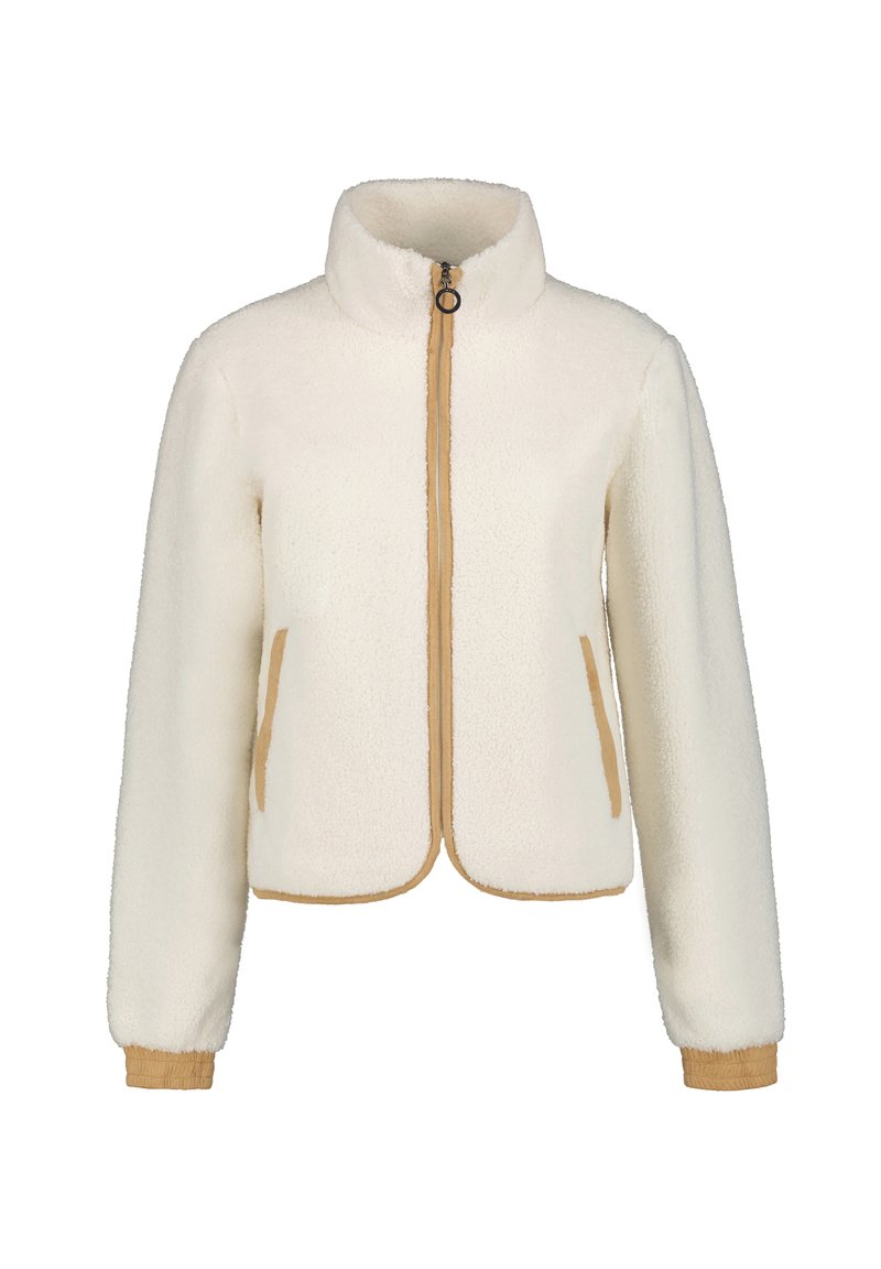 Giacca in pile di colore crema con colletto alto, zip frontale e accenti beige a contrasto. Presenta tasche laterali e polsini a costine.