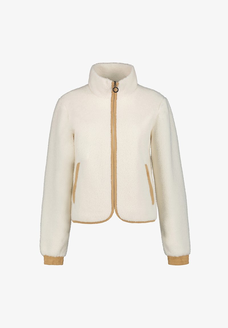 Giacca in pile di colore crema con colletto alto, zip frontale e accenti beige a contrasto. Presenta tasche laterali e polsini a costine.