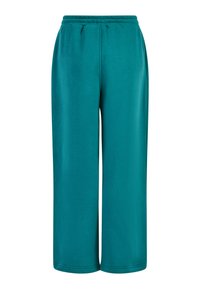 Błękitne spodnie z szerokimi nogawkami i elastycznym pasem, gładki materiał i prosty design, zaprezentowane na białym tle.