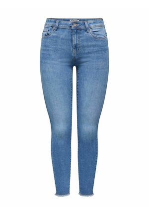 Blauwe skinny jeans van denim met een vervaagde wassing, voorzien van traditionele zakken, riemlussen en een rafelige zoom bij de enkels.