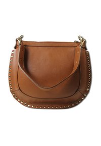 Bruine leren handtas met een gestructureerde afwerking, afgeronde vorm en geklinknagelde accenten langs de rand. Voorzien van een enkele schouderriem.