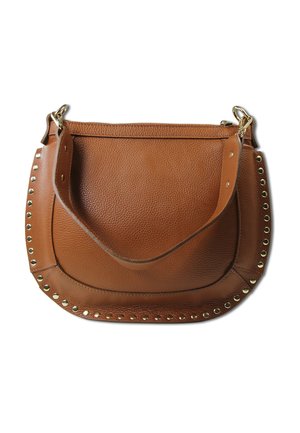 Brown leather handbag with a textured finish, rounded shape, and studded accents along the edge. Features a single shoulder strap.