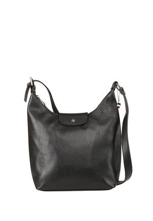 Black textured leather shoulder bag with adjustable strap, flap pocket with snap button, and small Italian flag charm on zipper pull.