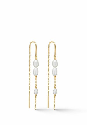 Pendientes colgantes de tono dorado con perlas blancas y detalles de cadena, con diseño de gancho alargado y elementos delicados en forma de barra para mayor detalle.