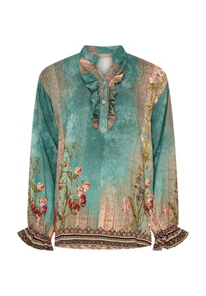 Turkise bluse med blomsterprint, flæsecuff, lange ærmer og broderede manchetter. Har en struktureret stof og dekorative trim.