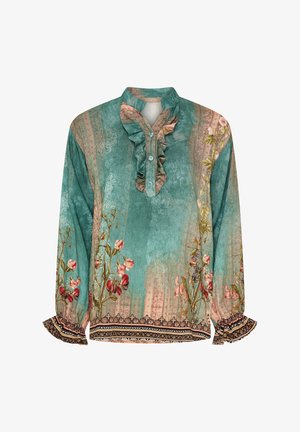 Turkise bluse med blomsterprint, flæsecuff, lange ærmer og broderede manchetter. Har en struktureret stof og dekorative trim.
