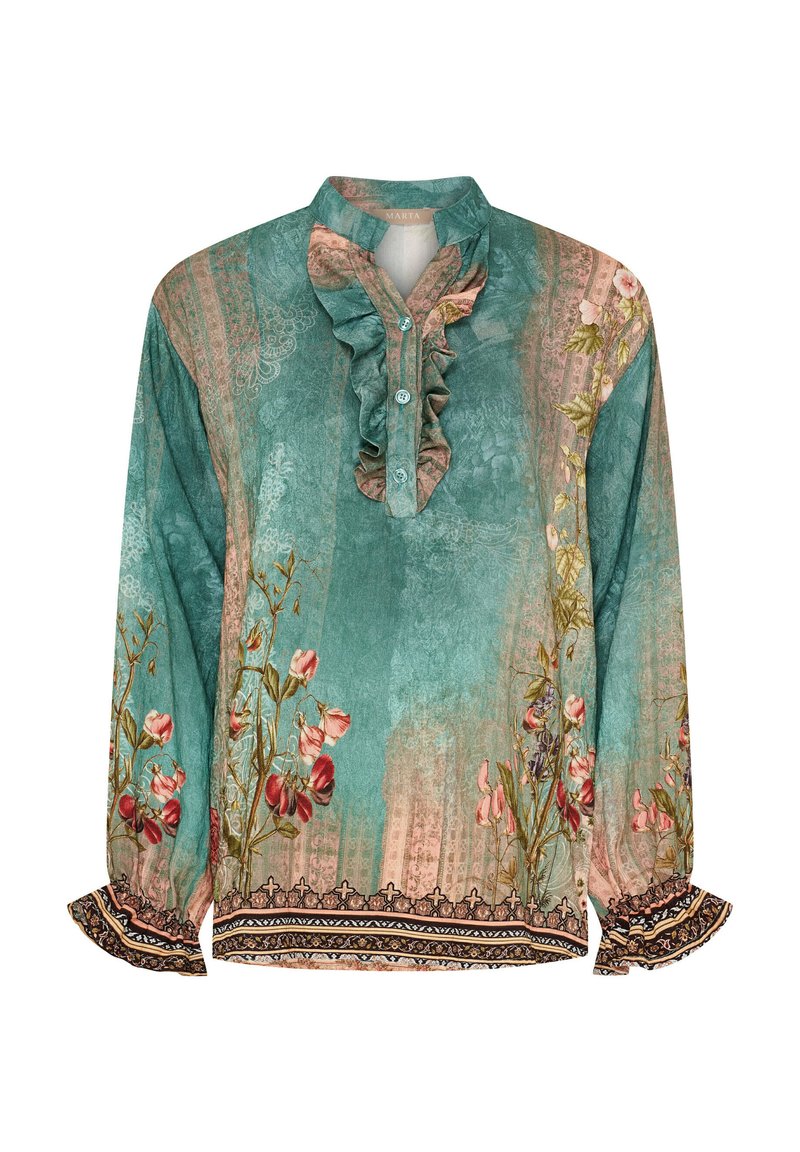 Turkise bluse med blomsterprint, flæsecuff, lange ærmer og broderede manchetter. Har en struktureret stof og dekorative trim.