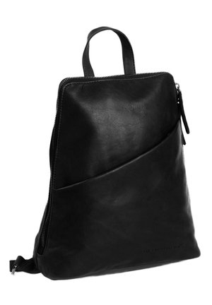 Black leather backpack with a sleek design, featuring a diagonal seam, zippered closure, and a top handle for easy carrying.