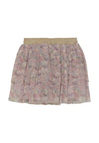 Blumiger Tüllrock mit einem mehrschichtigen Design, ausgestattet mit einem gold schimmernden Taillenbund. Die Farben umfassen Pastellrosa, Lila und Grün.