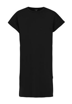 Zwarte short-sleeve jurk van zachte stof, met een eenvoudig ontwerp, een ronde hals en zijsplitten voor bewegingsgemak.