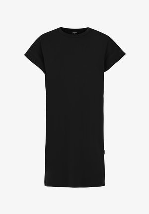 Sort kortærmet kjole lavet af blødt stof, med et enkelt design, rund halsudskæring og sideslidser for lettere bevægelse.