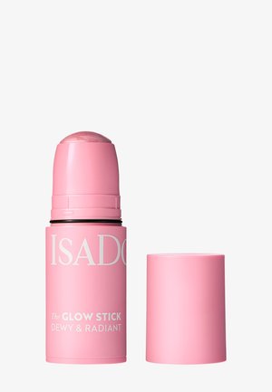 Vaaleanpunainen IsaDora Glow Stick -korostuskynä ilman korkkia, paljastaen pyöreän, hohtavan tuotteen tyviosan, joka antaa kuultavan ja säteilevän lopputuloksen.