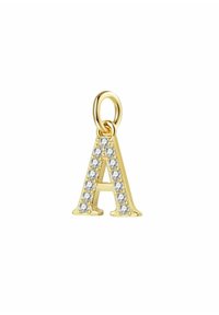 Goldener Buchstabencharme "A", verziert mit klaren Kristallen, mit einer glatten Oberfläche und einer runden Schlaufe zur Befestigung.