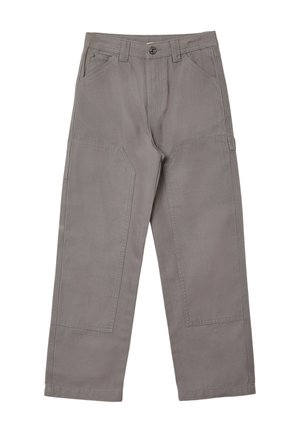 Pantalon de travail gris à jambes droites avec renforts aux genoux, poches avant, passants pour ceinture et taille à fermeture bouton.