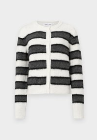 Cardigan a righe in morbido tessuto testurizzato. Presenta righe orizzontali alternate bianche e nere, scollatura rotonda e chiusura con bottoni.