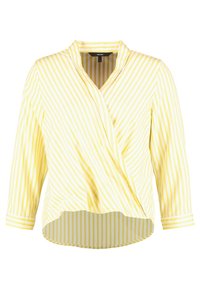 Yellow striped blouse with a wrap design, v-neck, and three-quarter sleeves. Fabric has a smooth texture; hem is longer in the back.