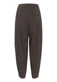 Dark brown tapered pants with a smooth texture, featuring a high waistband and two back pockets, designed for a relaxed fit.