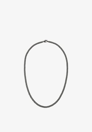 Zwarte metalen ketting met schakels die in elkaar grijpen, met een gladde textuur en een veilige sluiting. Eenvoudig ontwerp, geschikt voor verschillende stijlen.