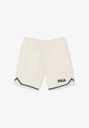 Roomkleurige FILA sportshorts met groene en witte chevronstrepen dicht bij de zoom en een elastische tailleband.