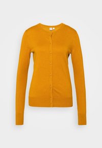 Żółty sweter kardigan wykonany z miękkiej dzianiny, z długimi rękawami, okrągłym dekoltem i sześcioma guzikami z przodu, z prążkowanym wykończeniem.