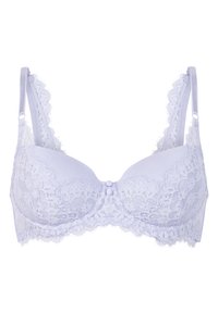 Lila spetsvadderad bh med scalloped kanter, justerbara axelband och två knapppryck i mitten. Mjuk textur genom hela tyget.