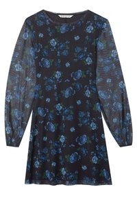 Blommig klänning i mörkt tyg, med blå rosor och gröna blad. Långa, genomskinliga ärmar och rund halsringning, med en lätt utsvängd silhuett.