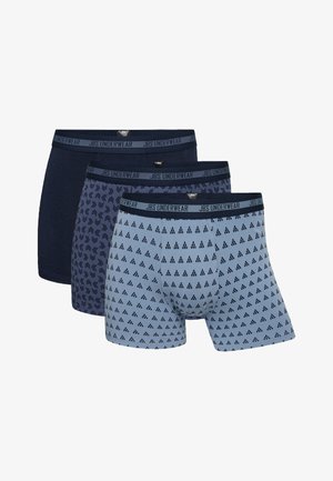 Three pairs of boxer briefs in varying shades of blue. Features include elastic waistband with "JBS Underwear" logo and diverse patterns.