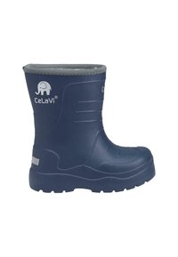 Stivale di gomma blu navy con superficie testurizzata, punta arrotondata e fodera interna grigia. Presenta un logo impresso e righe orizzontali sui lati.