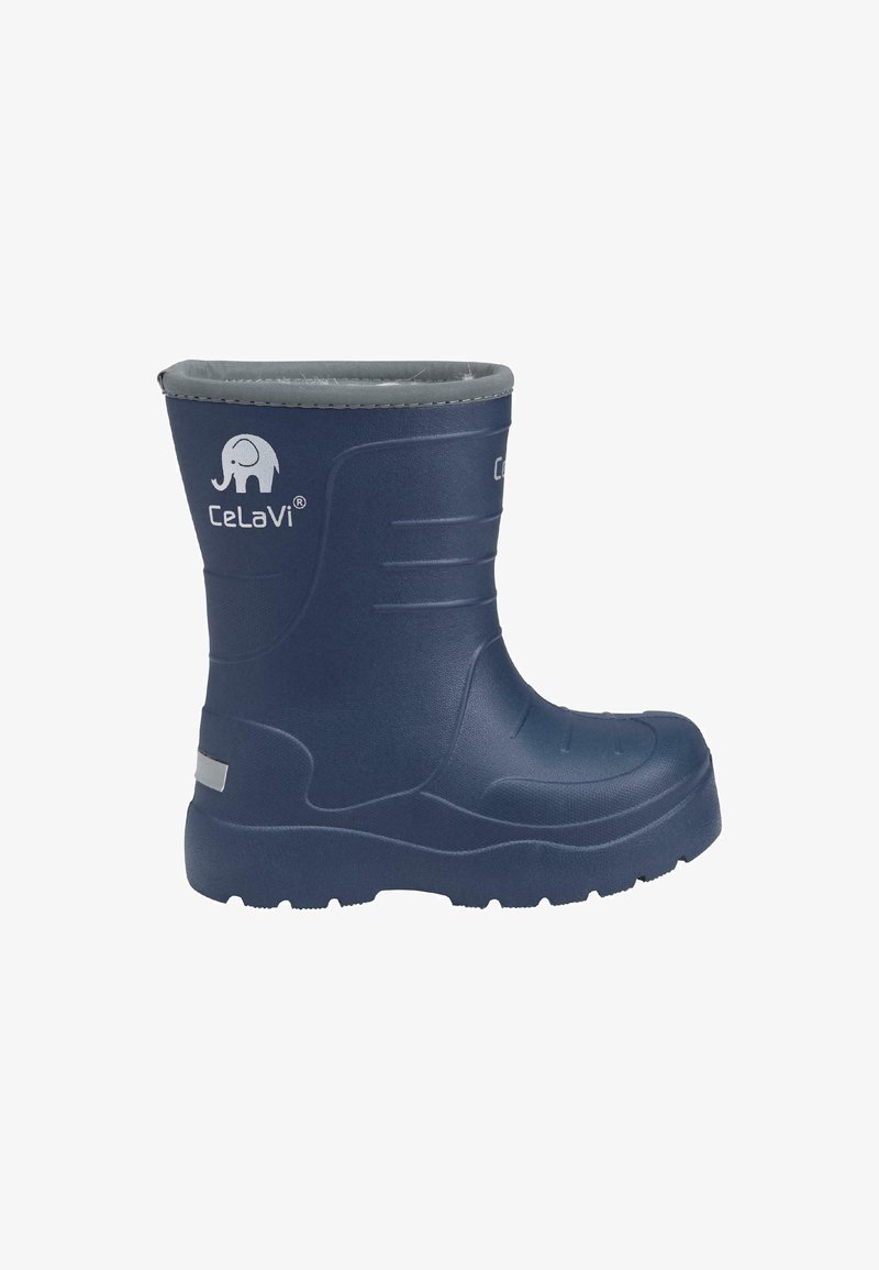 Stivale di gomma blu navy con superficie testurizzata, punta arrotondata e fodera interna grigia. Presenta un logo impresso e righe orizzontali sui lati.