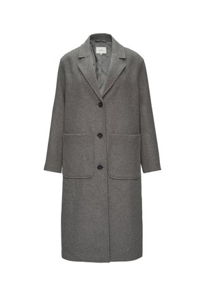 Grauer Wollmischmantel mit Reverskragen, drei Knöpfen und zwei aufgesetzten Taschen vorne. Glattes Innenfutter mit subtilen Musterdetails.