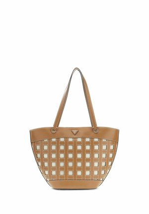 Braune Leder- und beige Mesh-Tragetasche mit doppelten Schulterriemen und einem geometrischen Gittermuster am Körper.