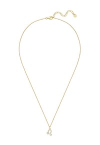 Złoty naszyjnik z delikatnym wzorem i dekoracyjnym wisiorkiem z stylizowanym symbolem Lwa zodiaku, ozdobionym kamieniami.