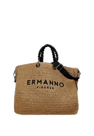 Borsa marrone intrecciata con manici neri intrecciati, tracolla nera regolabile e scritta "ERMANNO FIRENZE" sul davanti.