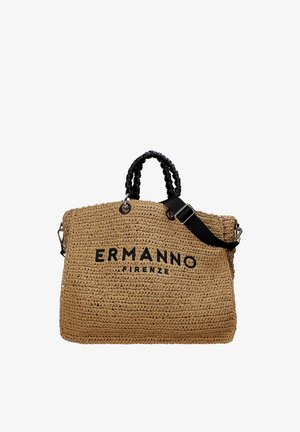 Sac à main tissé marron avec poignées tressées noires, bandoulière noire réglable et texte "ERMANNO FIRENZE" sur le devant.