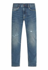 Ljust blå denimjeans med rak passform, slitna detaljer, framfickor och knäppning med knapp. Ljusnarad textur över hela.