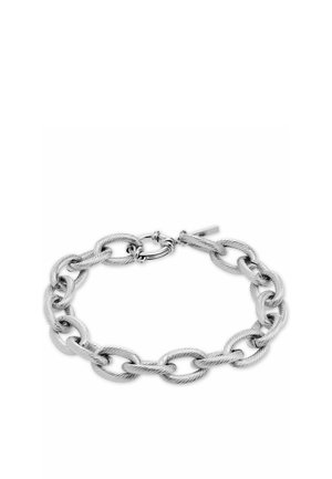 Sølv armbånd med kædelinks i ovale teksturerede led og karabinlås, arrangeret i en cirkulær form på en hvid baggrund.